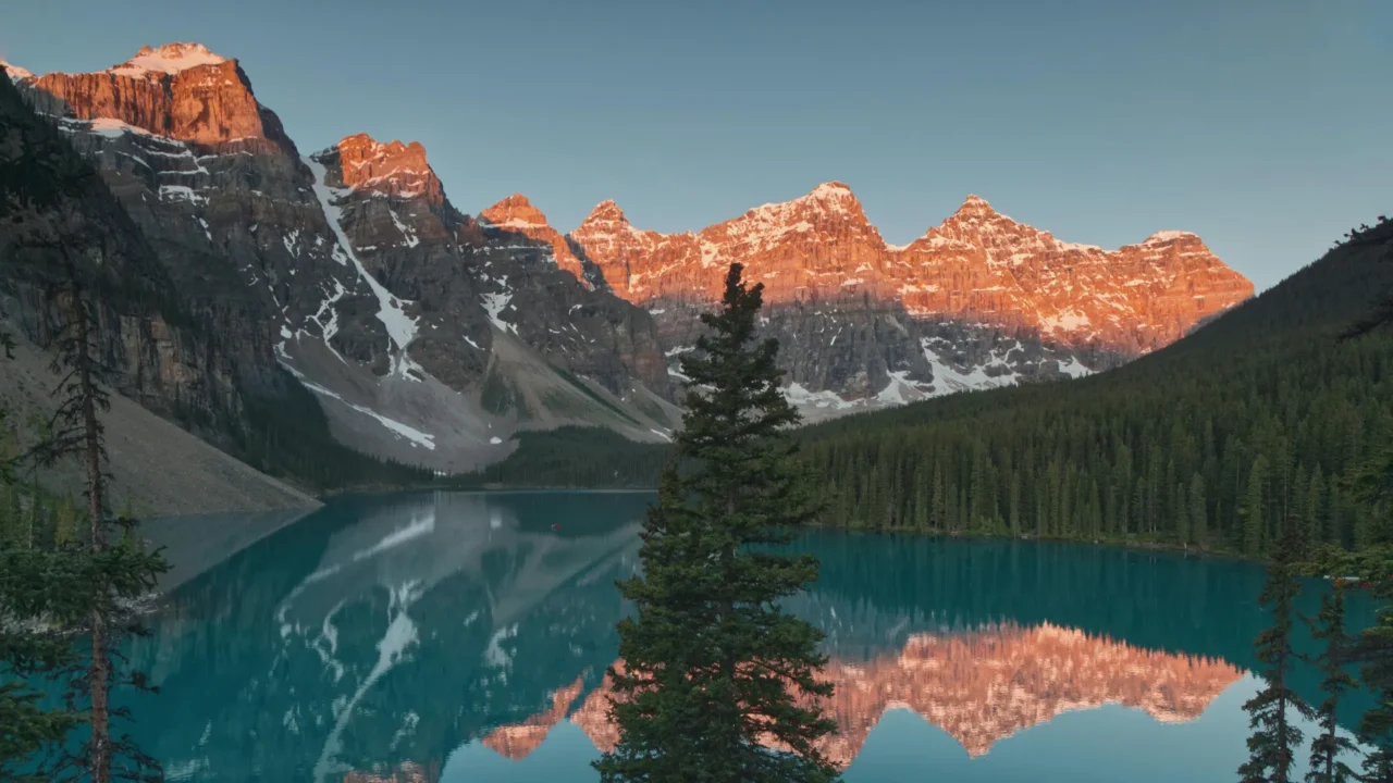Iconic Moraine Lake at sunrise