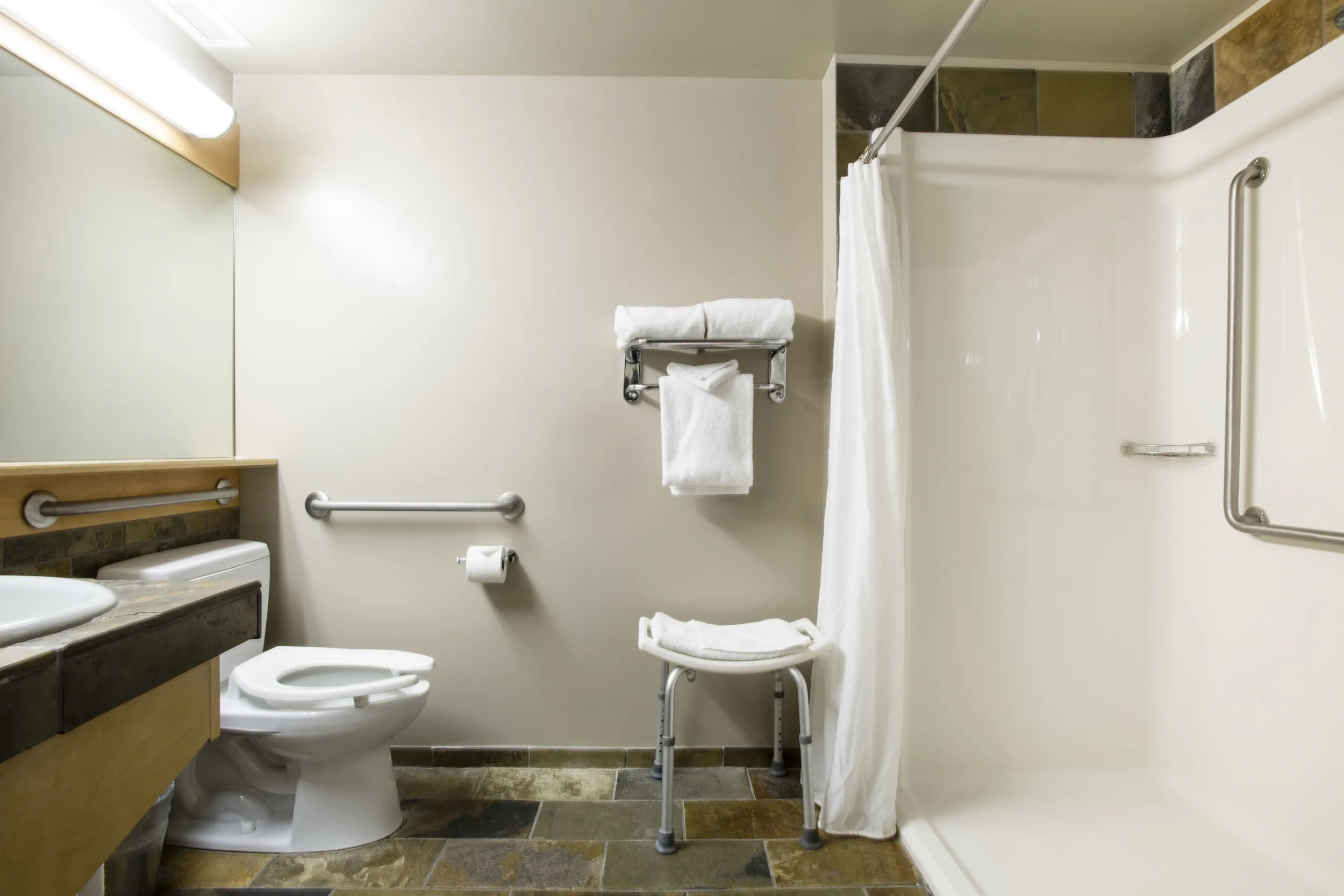 The Queen Accessible bathroom on the ground floor of the Juniper Hotel