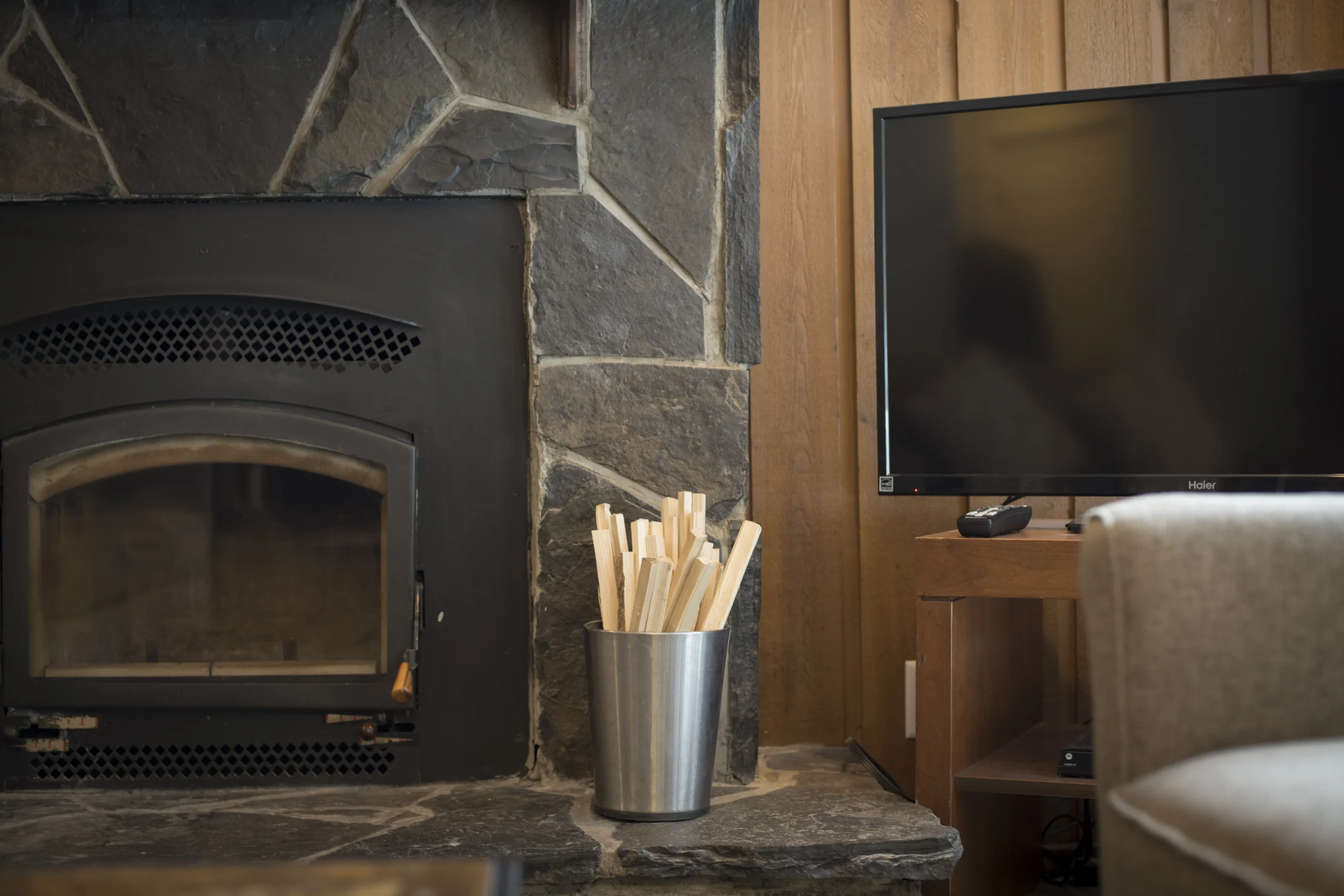 The Forest Cabins interior with kitchen and fireplace