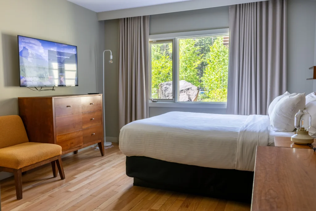 The Queen Accessible room at the Juniper features a step-free shower and wide spaces between the bed and furniture in a comfortable room.