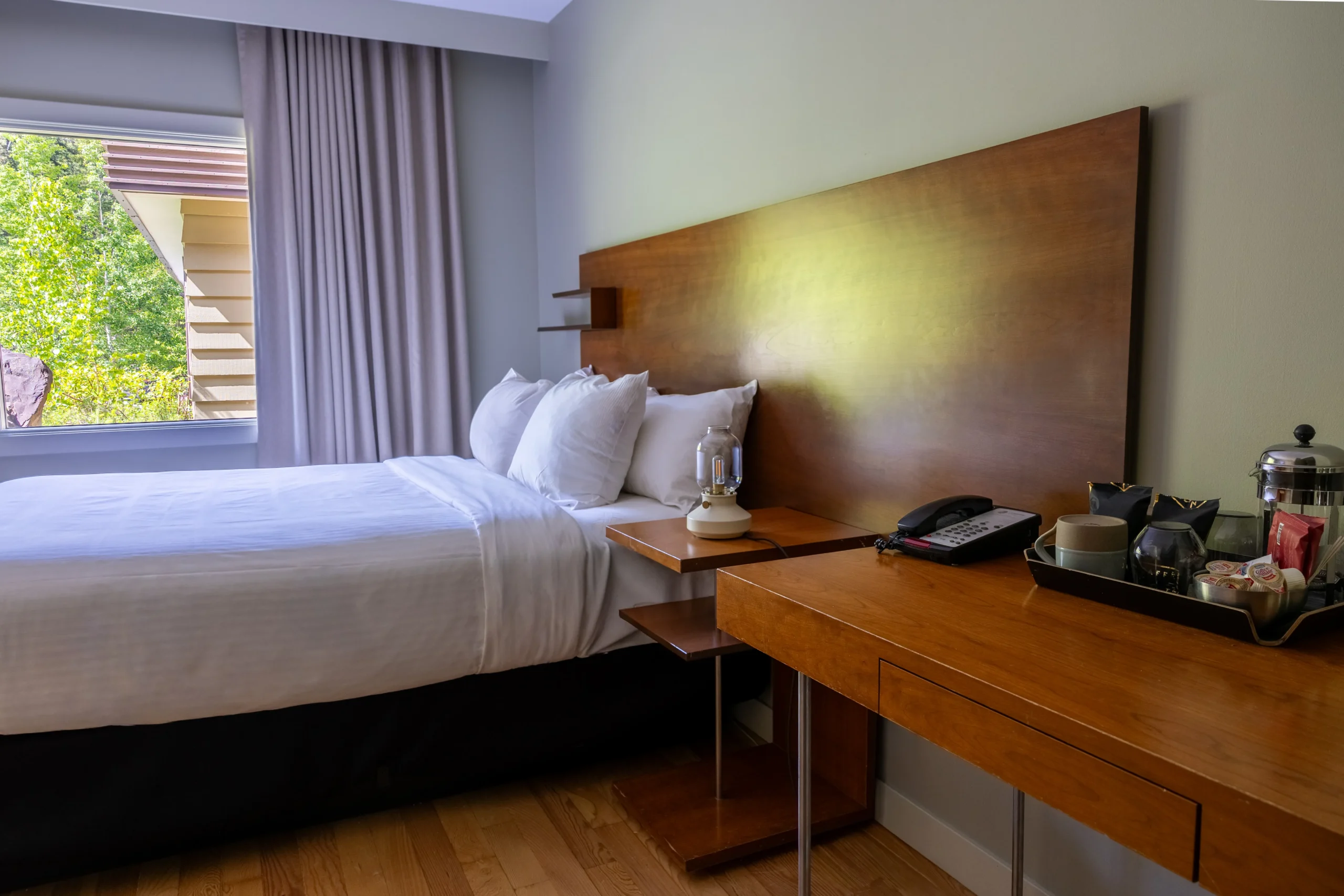 The Queen Accessible room at the Juniper features a step-free shower and wide spaces between the bed and furniture in a comfortable room.