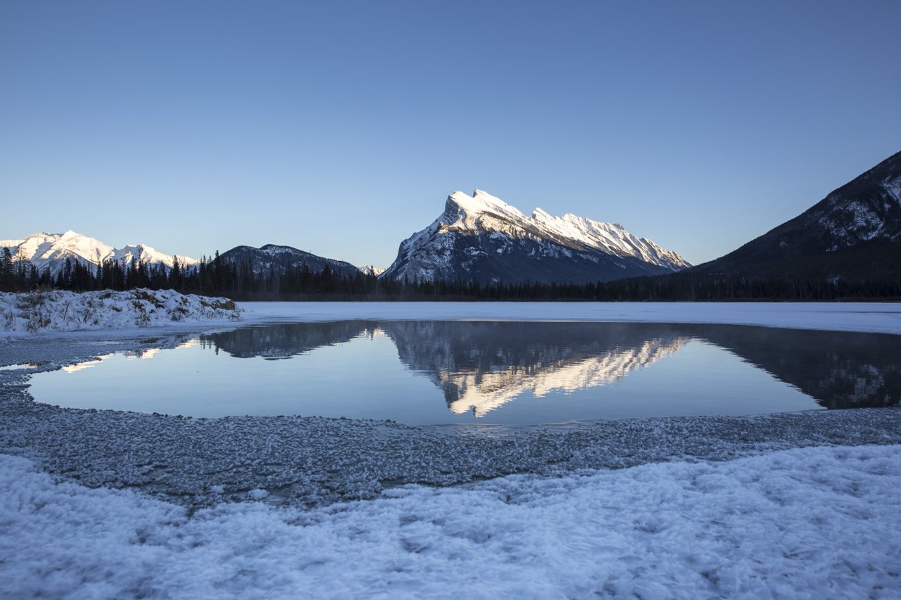 Mount Rundle with snow reflected in Vermilion Lakes
