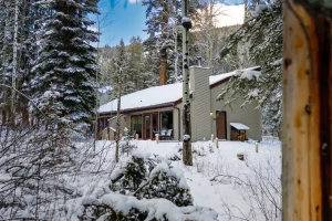 Winter exterior view of woodland cabin at Juniper Hotel Banff