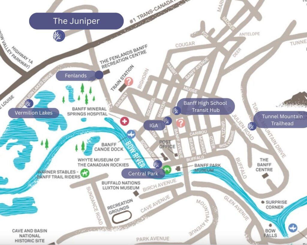 A map of Banff showing the Shuttle stops to and from the Juniper Hotel & Bistro