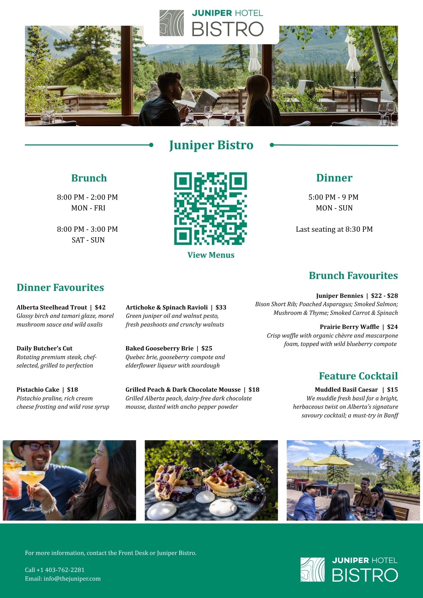 Details on the Juniper Bistro opening hours, menu highlights and link to the full Menus
