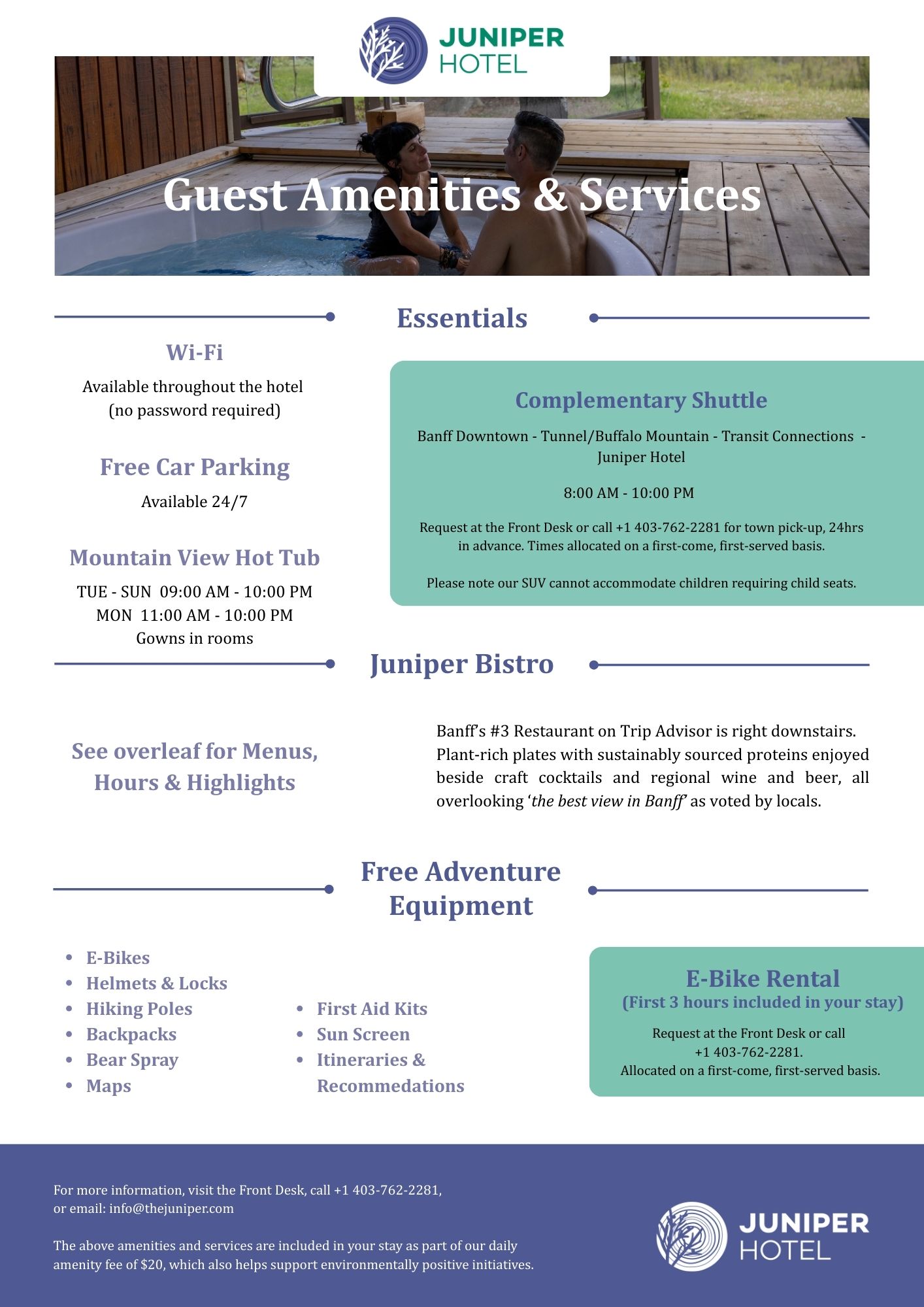 Amenities at the Juniper including a complimentary shuttle into Banff, free e-bike and gear rental, and more.
