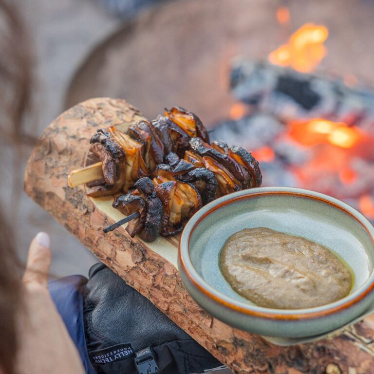 Mushroom Skewers at Fireside Sunset